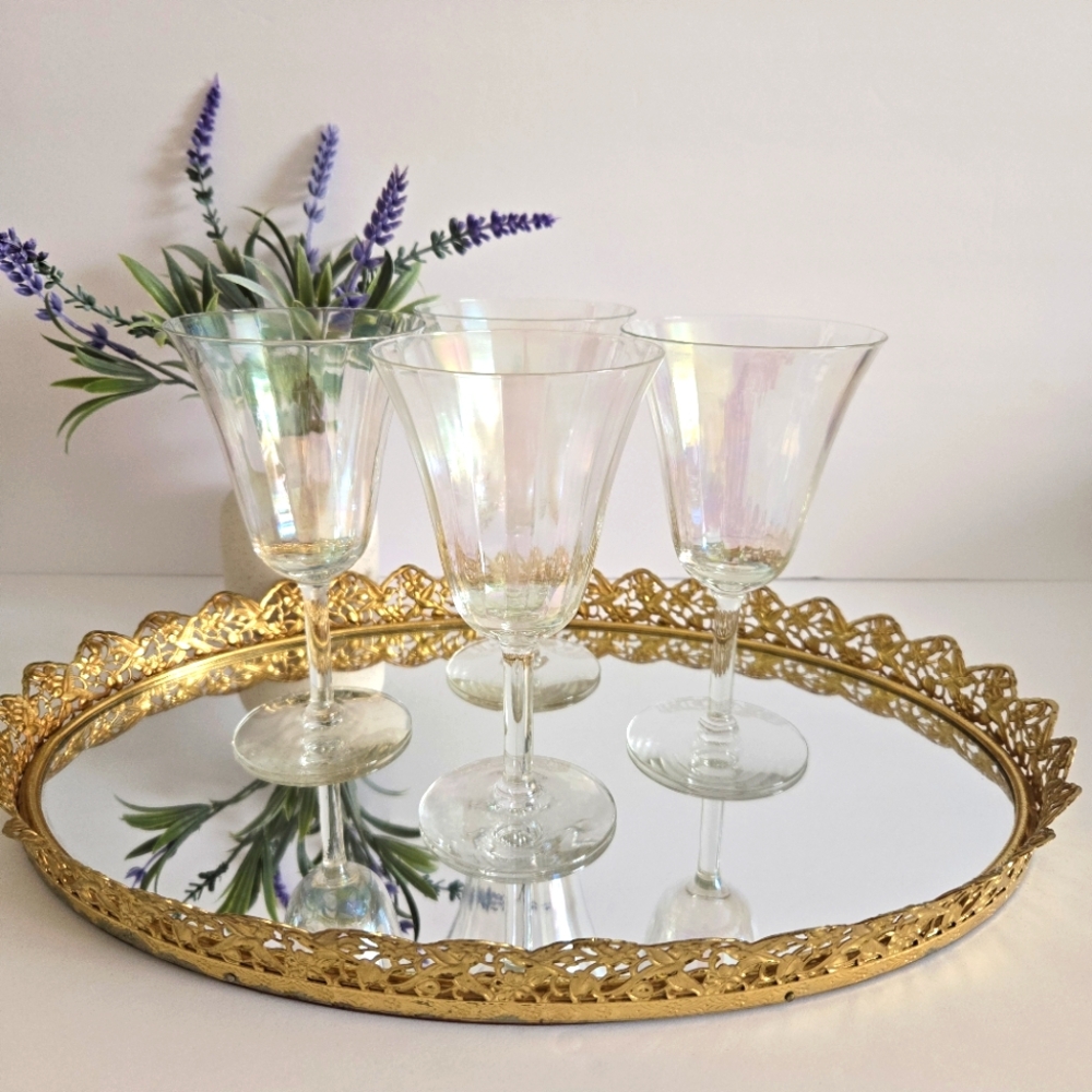 Vintage Fostoria Mother of Pearl Iridescent Optic Water/Wine Glasses Set Of 4